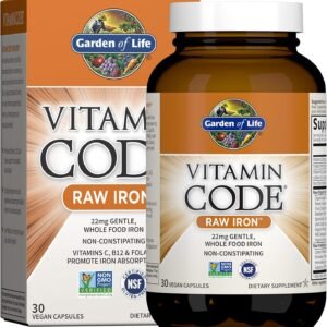 garden of life vitamin code raw iron supplement 30 vegan capsules, 22mg once daily iron, vitamins c, b12, folate, fruit, veggies & probiotics, iron supplements for women, energy & anemia support