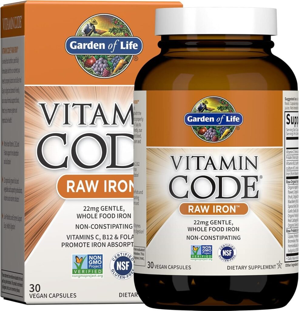 garden of life vitamin code raw iron supplement 30 vegan capsules, 22mg once daily iron, vitamins c, b12, folate, fruit, veggies & probiotics, iron supplements for women, energy & anemia support