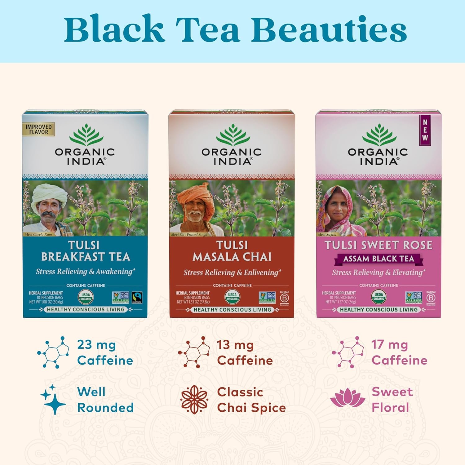 organic india tulsi breakfast herbal tea black tea, holy basil, relieve stress & energize, immune support, adaptogen vegan, usda certified organic, non gmo, caffeinated 18 infusion bags, 6 pack organic india tulsi breakfast herbal tea black tea, holy basil, relieve stress & energize, immune support, adaptogen vegan, usda certified organic, non gmo, caffeinated 18 infusion bags, 6 pack