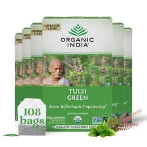 organic india tulsi green herbal tea stress relieving & balancing, immune support, adaptogen, vegan, usda certified organic, caffeine free 18 infusion bags, 6 pack