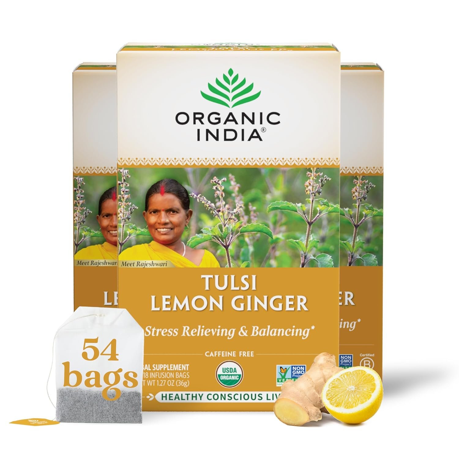organic india tulsi lemon ginger herbal tea stress relieving & reviving, immune support, aids digestion, vegan, usda certified organic, non gmo, caffeine free 18 infusion bags, 3 pack organic india tulsi lemon ginger herbal tea stress relieving & reviving, immune support, aids digestion, vegan, usda certified organic, non gmo, caffeine free 18 infusion bags, 3 pack