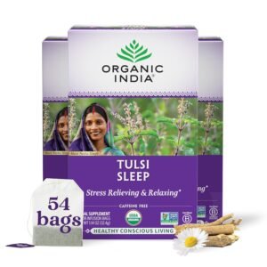 organic india tulsi sleep herbal tea holy basil, ashwagandha, chamomile, night time tea for bedtime, stress relieving & relaxing, immune support, usda certified organic 18 infusion bags, 3 pack