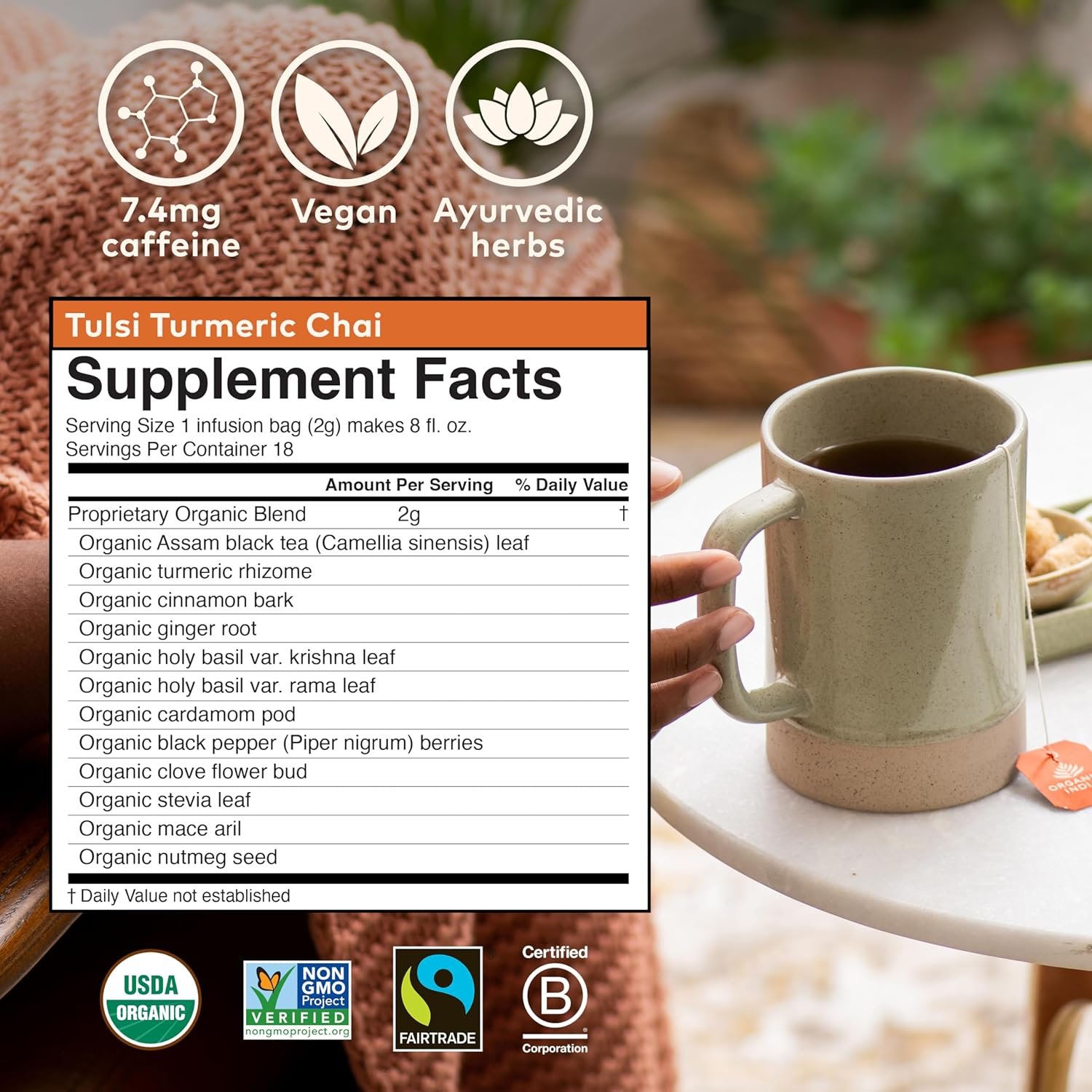 organic india tulsi turmeric chai tea herbal tea bags with caffeine, ginger root, cinnamon, holy basil, stress relieving and energizing, immune support, helps digestion 18 count, pack of 3 organic india tulsi turmeric chai tea herbal tea bags with caffeine, ginger root, cinnamon, holy basil, stress relieving and energizing, immune support, helps digestion 18 count, pack of 3