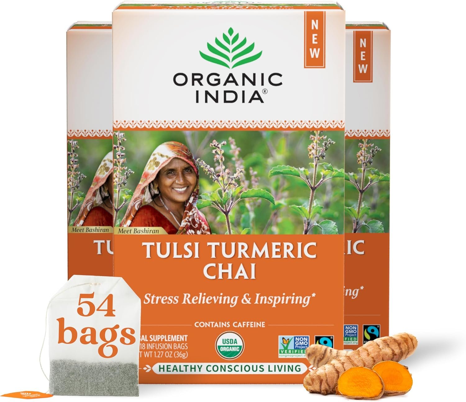organic india tulsi turmeric chai tea herbal tea bags with caffeine, ginger root, cinnamon, holy basil, stress relieving and energizing, immune support, helps digestion 18 count, pack of 3 organic india tulsi turmeric chai tea herbal tea bags with caffeine, ginger root, cinnamon, holy basil, stress relieving and energizing, immune support, helps digestion 18 count, pack of 3