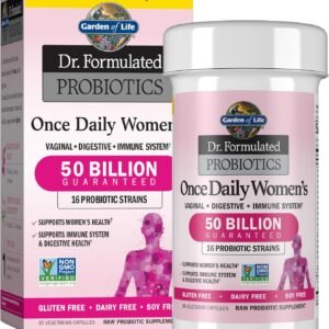 garden of life once daily dr. formulated probiotics for women 50 billion cfu 16 probiotic strains with organic prebiotics for digestive, vaginal & immune health, dairy free, shelf stable 30 capsules