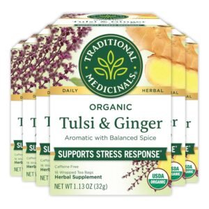 traditional medicinals tea, organic tulsi & ginger, relieves stress, tension, & irritability, 96 tea bags (6 pack)