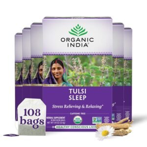 organic india tulsi sleep herbal tea holy basil, ashwagandha, chamomile, night time tea for bedtime, stress relieving & relaxing, immune support, usda certified organic 18 infusion bags, 6 pack