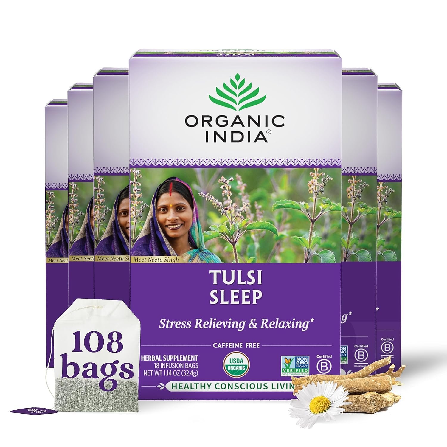 organic india tulsi sleep herbal tea holy basil, ashwagandha, chamomile, night time tea for bedtime, stress relieving & relaxing, immune support, usda certified organic 18 infusion bags, 6 pack organic india tulsi sleep herbal tea holy basil, ashwagandha, chamomile, night time tea for bedtime, stress relieving & relaxing, immune support, usda certified organic 18 infusion bags, 6 pack