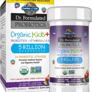 garden of life dr. formulated probiotics organic kids+ plus vitamin c & d berry cherry gluten, dairy & soy free immune & digestive health supplement, no added sugar, 30 chewables (shelf stable)