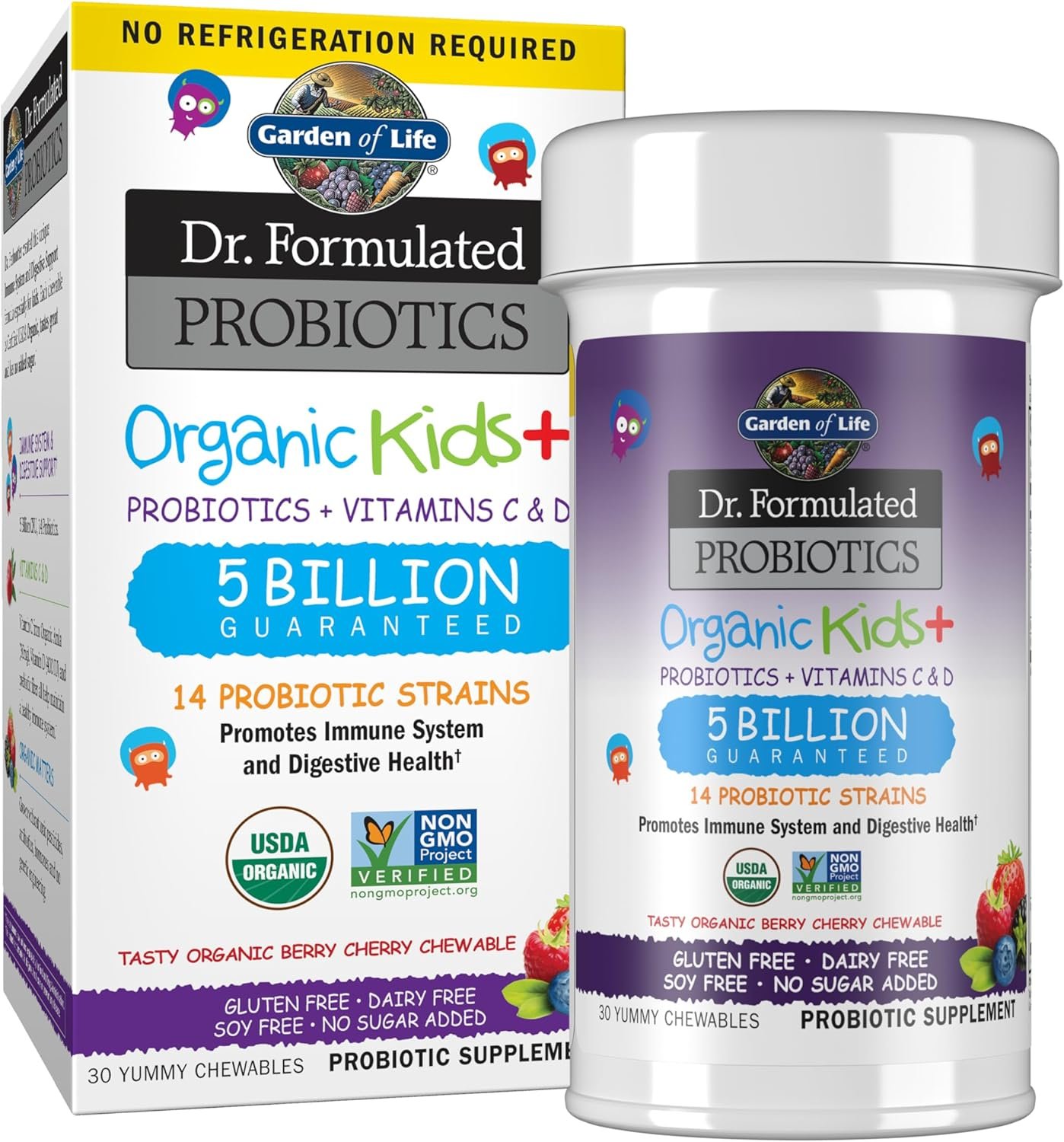 garden of life dr. formulated probiotics organic kids+ plus vitamin c & d berry cherry gluten, dairy & soy free immune & digestive health supplement, no added sugar, 30 chewables (shelf stable) garden of life dr. formulated probiotics organic kids+ plus vitamin c & d berry cherry gluten, dairy & soy free immune & digestive health supplement, no added sugar, 30 chewables (shelf stable)