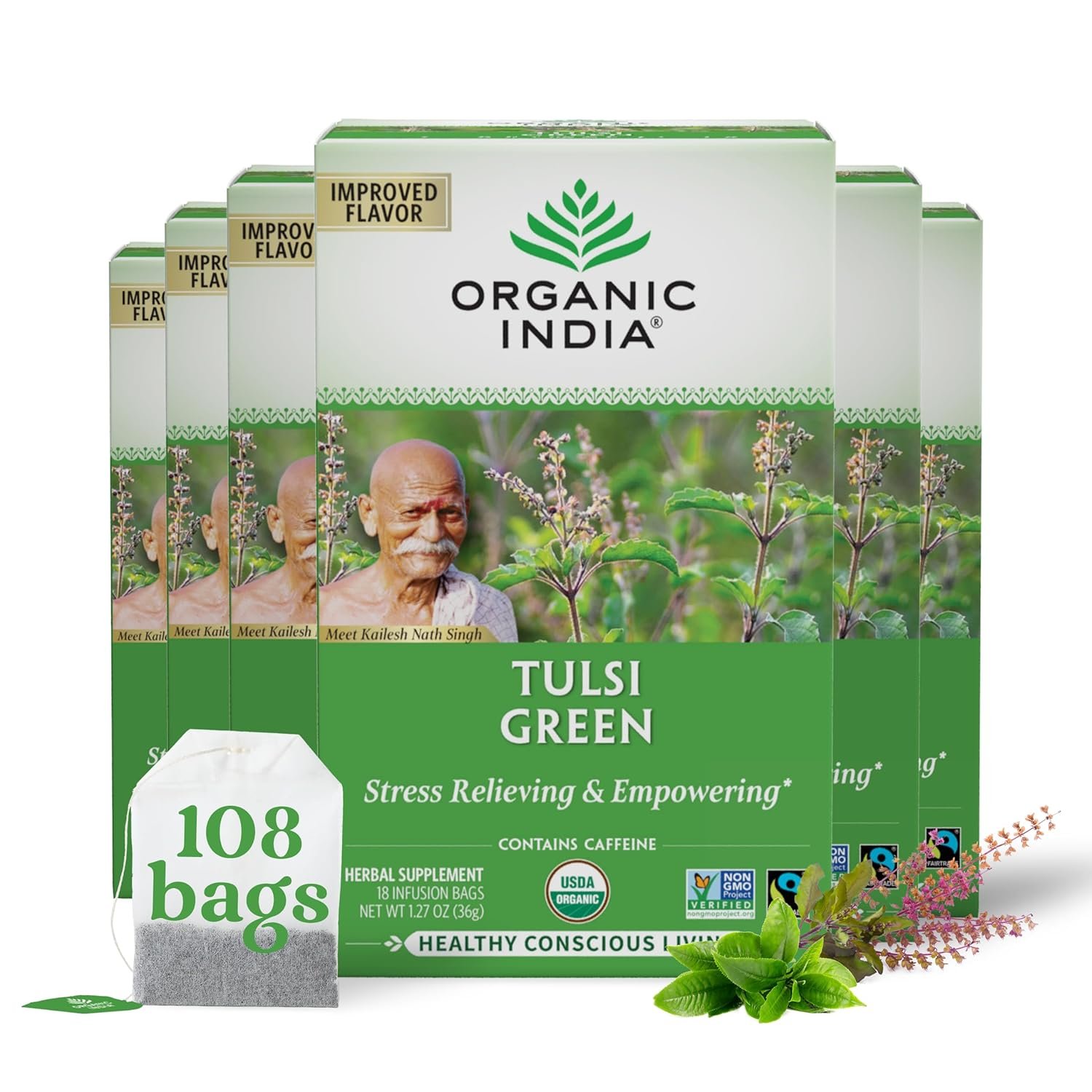 organic india tulsi green tea bags holy basil tea, african basil, stress relieving, immune support, usda certified organic, premium darjeeling green tea, caffeinated 18 infusion bags, 6 pack organic india tulsi green tea bags holy basil tea, african basil, stress relieving, immune support, usda certified organic, premium darjeeling green tea, caffeinated 18 infusion bags, 6 pack