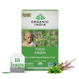 organic india tulsi green tea bags holy basil tea, african basil, stress relieving, immune support, usda certified organic, premium darjeeling green tea, caffeinated 18 infusion bags, 1 pack