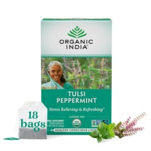 organic india tulsi peppermint herbal tea stress relieving & refreshing, immune support, aids digestion, vegan, usda certified organic, fairtrade, caffeine free 18 infusion bags, 1 pack
