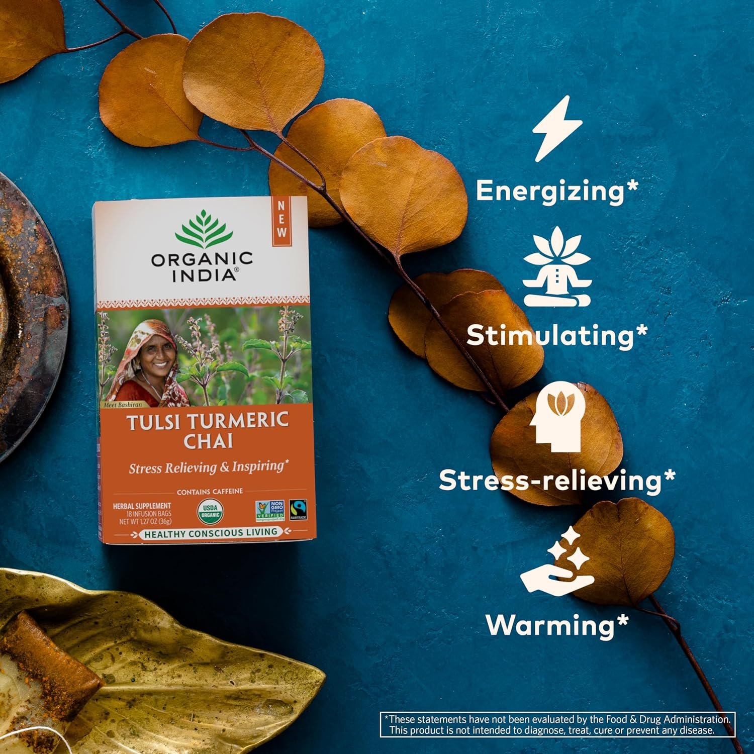 organic india tulsi turmeric chai tea herbal tea bags with caffeine, ginger root, cinnamon, holy basil, stress relieving and energizing, immune support, helps digestion 18 count, pack of 3 organic india tulsi turmeric chai tea herbal tea bags with caffeine, ginger root, cinnamon, holy basil, stress relieving and energizing, immune support, helps digestion 18 count, pack of 3