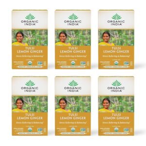 organic india tulsi lemon ginger tea bags herbal tea, stress relieving & reviving, immune support, aids digestion, vegan, usda certified organic, non gmo, caffeine free 18 infusion bags, 6 pack