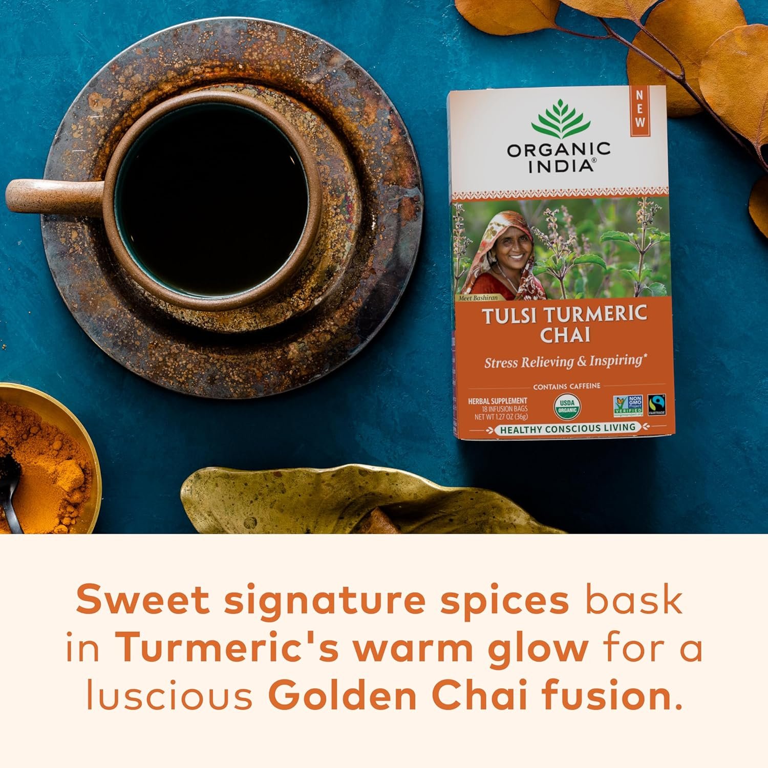 organic india tulsi turmeric chai tea herbal tea bags with caffeine, ginger root, cinnamon, holy basil, stress relieving and energizing, immune support, helps digestion 18 count, pack of 3 organic india tulsi turmeric chai tea herbal tea bags with caffeine, ginger root, cinnamon, holy basil, stress relieving and energizing, immune support, helps digestion 18 count, pack of 3