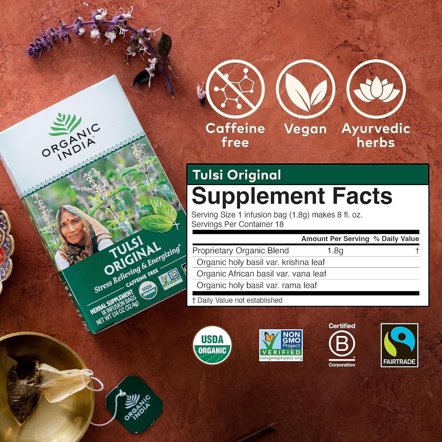 organic india original tulsi tea herbal tea, holy basil and african basil calming and stress relief tea, immune support, usda certified organic, non gmo, caffeine free 18 infusion bags, 2 pack organic india original tulsi tea herbal tea, holy basil and african basil calming and stress relief tea, immune support, usda certified organic, non gmo, caffeine free 18 infusion bags, 2 pack