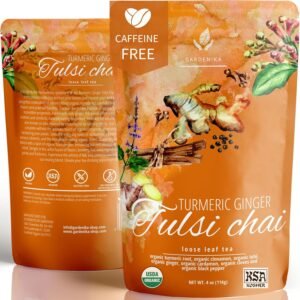 organic turmeric ginger tulsi chai tea | loose leaf | ayurvedic superfood blend | herbal and caffeine free | 55+ cups | ksa kosher | 4 oz