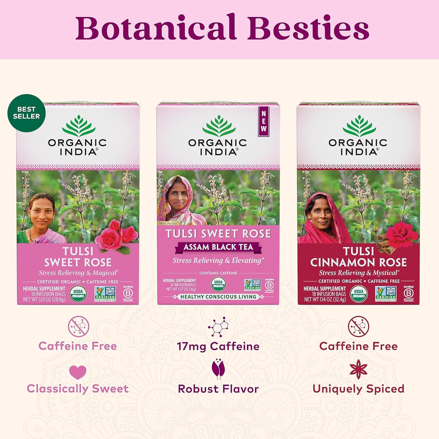 organic india tulsi sweet rose herbal tea holy basil leaf, african basil, chamomile, lemon myrtle, stress relieving, caffeine free 18 bags, 3 pack organic india tulsi sweet rose herbal tea holy basil leaf, african basil, chamomile, lemon myrtle, stress relieving, caffeine free 18 bags, 3 pack