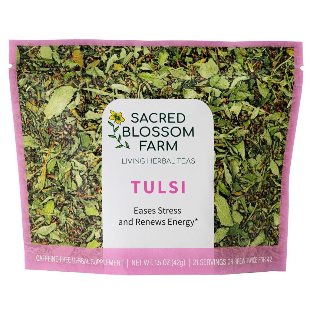 tulsi herbal tea (holy basil) | sacred blossom farm | 1.7 oz. loose leaf | ease stress renew enaergy* | minimally processed wisconsin grown medicinal herbs | caffeine free | handmade in usa