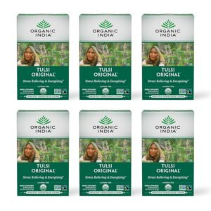 organic india tulsi original herbal tea holy basil and african basil calming and stress relief tea, immune support, usda certified organic, non gmo, caffeine free 18 infusion bags, 6 pack