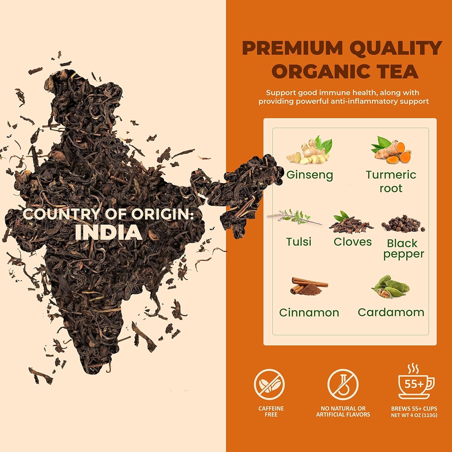 organic turmeric ginger tulsi chai tea | loose leaf | ayurvedic superfood blend | herbal and caffeine free | 55+ cups | ksa kosher | 4 oz organic turmeric ginger tulsi chai tea | loose leaf | ayurvedic superfood blend | herbal and caffeine free | 55+ cups | ksa kosher | 4 oz