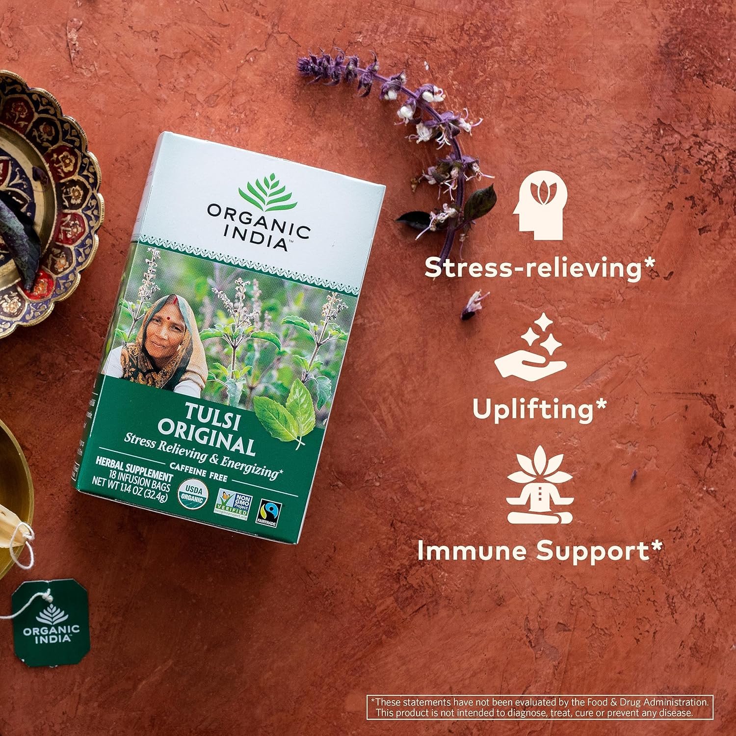 organic india original tulsi tea herbal tea, holy basil and african basil calming and stress relief tea, immune support, usda certified organic, non gmo, caffeine free 18 infusion bags, 2 pack organic india original tulsi tea herbal tea, holy basil and african basil calming and stress relief tea, immune support, usda certified organic, non gmo, caffeine free 18 infusion bags, 2 pack