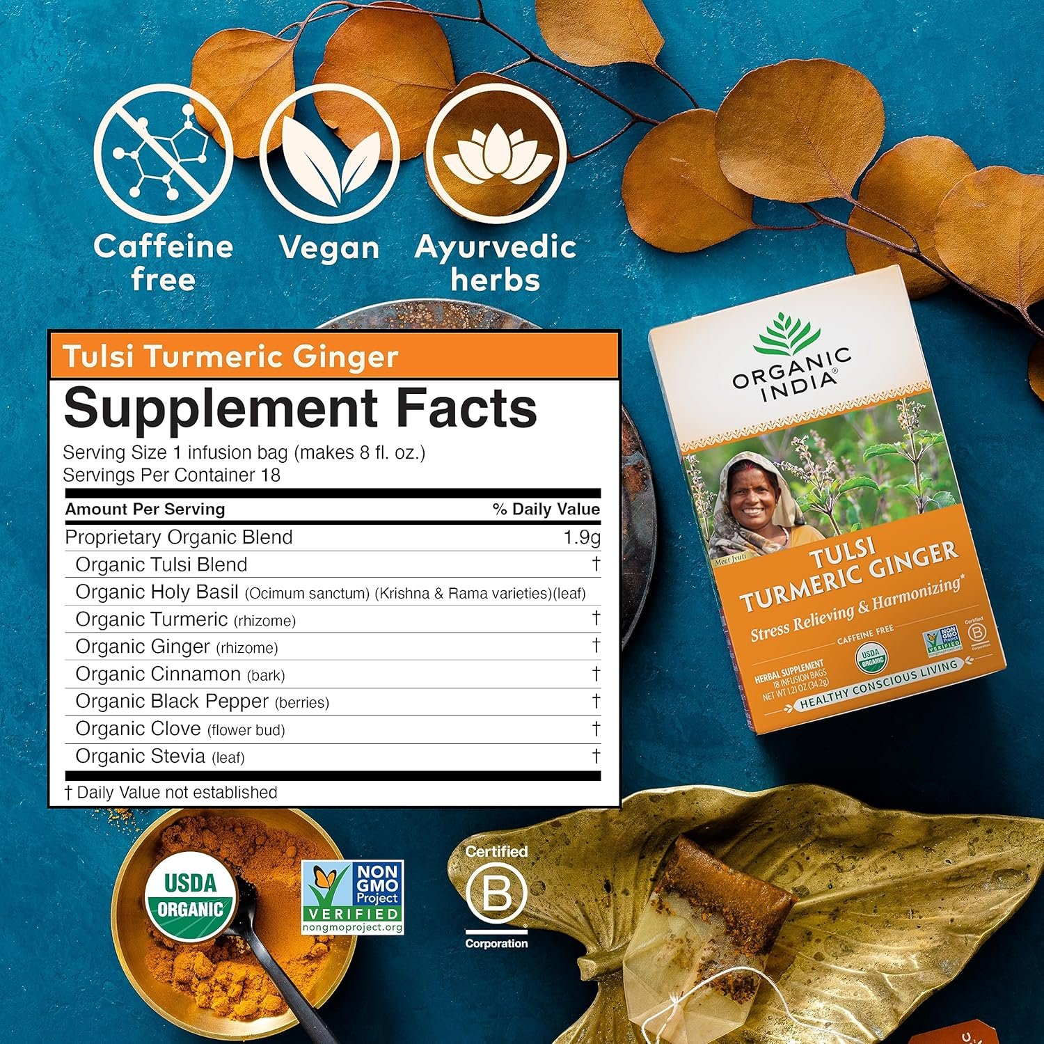 organic india tulsi turmeric ginger tea bags herbal tea, stress relieving & harmonizing, immune support, healthy inflammatory response, aids digestion, caffeine free 18 infusion bags, 1 pack organic india tulsi turmeric ginger tea bags herbal tea, stress relieving & harmonizing, immune support, healthy inflammatory response, aids digestion, caffeine free 18 infusion bags, 1 pack
